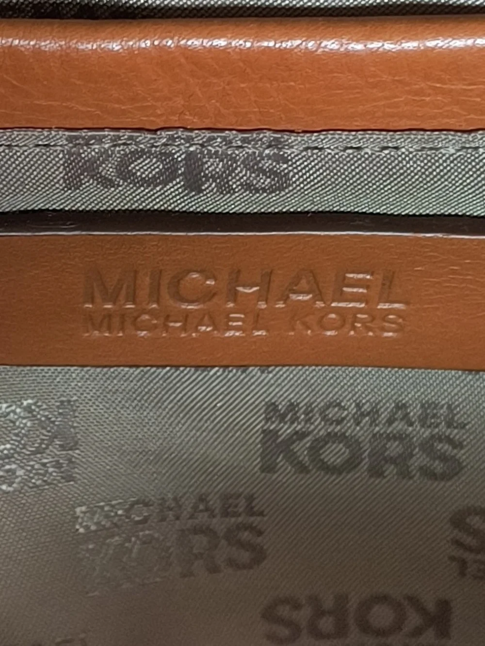 Michael Kors Beige Canvas Tote with Green Stripe and Brown Leather Trim